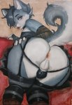 anthro anus balls big_butt bottomwear bulge bulge_from_behind butt clothed clothing crossdressing femboy genitals hand_on_butt legwear male miniskirt skirt solo thick_thighs thigh_highs trading_card wide_hips dixxbedru canid canine mammal hi_res oil_painting_(artwork)