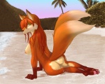 anthro beach big_butt black_nose breasts butt detailed_background female fur hair long_hair looking_back multi_tail nipples nude nude_beach orange_body orange_fur orange_hair outdoor_nudity outside palm_tree pawpads paws plant red_hair sand seaside sky solo tail tree yellow_eyes lizebra canid canine fox mammal 5:4