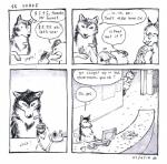 2014 4koma absurd_res anne_barnetson base_two_layout black_nose canid canine canis comic customer_service_wolf dialogue domestic_ferret english_text feral four_frame_image grid_layout group hi_res mammal mustelid musteline question_mark snout speech_bubble text traditional_media_(artwork) true_musteline two_row_layout weasel wolf