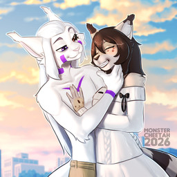 anthro biped breasts claws clothed clothed_anthro clothed_female clothed_male clothing cloud day duo female fingers front_view fur hair inner_ear_fluff male outside sky smile standing stripes tail teeth tuft monstercheetah felid feline lynx mammal 1:1 2026 digital_drawing_(artwork) digital_media_(artwork) hi_res