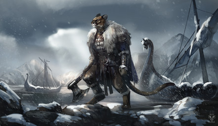 accessory ambiguous_gender anthro armor armor_plates axe battle battle_axe detailed_background furgonomics horn horn_accessory muscular paint sea seaside solo viking water weapon winter winter_clothing drawingsofa cold_warrior ricius_teck cougar felid feline mammal absurd_res digital_media_(artwork) digital_painting_(artwork) hi_res painting_(artwork)