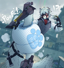 5_fingers anthro big_diaper biped clean_diaper clothed clothing diaper embarrassed fingers fur interrobang male onomatopoeia solo sound_effects tail text wearing_diaper white_body white_fur poofbuttrocky mihoyo zenless_zone_zero von_lycaon canid canine canis mammal wolf 2024 digital_media_(artwork) english_text hi_res