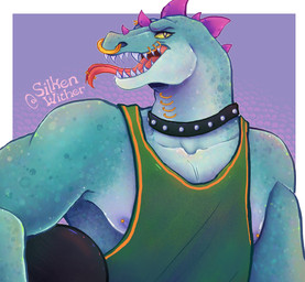 anthro areola ball barbell_piercing basketball_(ball) biped breasts cleavage clothed clothing collar facial_piercing green_body green_scales looking_at_viewer male neck_piercing nipple_piercing nipples nose_piercing pecs piercing scales sharp_teeth shirt simple_background smile solo tank_top teeth tongue tongue_out topwear silkenwither goat_(movie) sony_corporation sony_pictures modo_olachenko komodo_dragon lizard monitor_lizard reptile scalie hi_res watermark