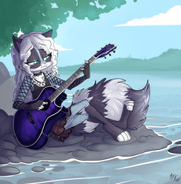 acoustic_guitar anthro big_tail biped black_clothing black_gloves black_handwear black_markings black_shirt black_tank_top black_topwear bottomwear chest_tuft clothed clothing collar countershade_face countershade_torso countershading day eyebrows feet female fingerless_gloves fishnet_clothing fishnet_topwear fluffy fluffy_tail gloves gloves_(marking) green_eyes grey_body guitar hair half-closed_eyes handwear holding_guitar holding_musical_instrument holding_object leg_markings long_hair looking_at_object markings musical_instrument narrowed_eyes outside pink_nose plucked_string_instrument ring_(marking) ringed_tail river shirt sitting sitting_on_ground skirt socks_(marking) solo spiked_collar spikes string_instrument striped_markings striped_tail stripes tail tail_markings tank_top toeless_(marking) topwear tuft white_body white_hair white_markings young young_anthro young_female fuf mammal procyonid raccoon 2023 hi_res