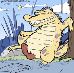 anatomically_correct anatomically_correct_genitalia anatomically_correct_penis animal_genitalia animal_penis anthro aroused aroused_face blush blush_lines crocodilian_penis duo erection feral genitals looking_at_foot male penis swamp srirachamander alligator alligatorid aquatic crocodile crocodilian fish reptile salmon salmonid_(fish) scalie hi_res