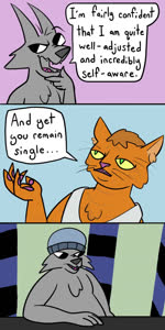 3_panel_comic beanie chest_tuft clothing dialogue duo fur grey_body grey_fur hat headgear headwear humor male orange_body orange_fur pawpads shirt simple_background speech_bubble tank_top topwear tuft yellow_sclera burgerpocalypse canid canine canis coyote domestic_cat felid feline felis mammal 1:2 animated comic hi_res short_playtime sound webm