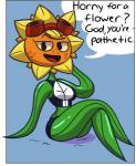 big_breasts breasts clothed clothing crossed_legs eyewear female flower goggles half-closed_eyes mean narrowed_eyes not_furry plant sitting solo text jalpunny alone_on_a_friday_night_(meme) electronic_arts plants_vs._zombies plants_vs._zombies_heroes popcap_games solar_flare_(pvz) elemental_creature elemental_humanoid flora_fauna flower_creature flower_humanoid humanoid plant_humanoid sunflower_(pvz) 2019 english_text