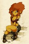 anthro biped boots bottomwear breasts cleavage clothed clothing denim denim_clothing ear_piercing female footwear fur hair heart_symbol looking_at_viewer orange_hair piercing pupils shoes shorts sitting skimpy slit_pupils smile solo yellow_body yellow_fur smokyjai felid lion mammal pantherine