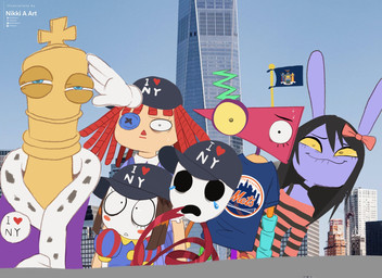 accessory anthro baseball_cap big_ears black_baseball_cap black_choker black_hair black_jewelry black_necklace blue_clothing blue_shirt blue_t-shirt blue_topwear blush bodily_fluids bow_ribbon brown_hair chess_piece choker clothed clothing disembodied_hand doll eyes_mostly_closed female fur group hair hair_accessory hair_bow hair_ribbon hat headgear headwear holding_back_laughing humanoid_hands jester jewelry logo_on_shirt long_hair looking_at_another male medium_hair narrowed_eyes necklace nervous nervous_sweat new_york_state_flag off_shoulder open_mouth pattern_clothing pattern_shirt pattern_topwear photo_background purple_body purple_fur red_clothing red_shirt red_topwear ribbons shirt shocked squint striped_clothing striped_shirt striped_topwear stripes sweat sweaty_face t-shirt text text_on_clothing text_on_hat text_on_headwear topwear white_body nikkiaart glitch_productions i_love_new_york new_york_mets one_world_trade_center the_amazing_digital_circus gangle_(tadc) gooseworx's_post-transition_jax_design jax_(tadc) kinger_(tadc) pomni_(tadc) ragatha_(tadc) zooble_(tadc) animate_inanimate lagomorph leporid living_doll mammal rabbit 2026 english_description english_text hi_res mixed_media photography_(artwork) trans_(lore) trans_woman_(lore)