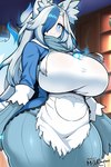 apron aura big_breasts biped blue_body blue_clothing blue_coat blue_dress blue_eyes blue_fire blue_fur blue_hair blue_highlights blue_tail blue_tail_tip blue_topwear blush breasts clothed clothing coat colored_fire curvy_figure detailed_background dipstick_tail dress eyelashes female fire flaming_tail front_view fully_clothed fur glowing hair hair_over_eye highlights_(coloring) huge_breasts inner_ear_fluff inside jewelry light_body light_skin long_hair looking_at_viewer markings mature_female mature_humanoid mole_(marking) multicolored_body multicolored_fur multicolored_hair multicolored_tail necklace one_eye_obstructed open_clothing open_coat open_topwear pale_skin pendant pupils smile solo standing tail tail_markings tassels thick_thighs three-quarter_view topwear tuft two_tone_body two_tone_fur two_tone_hair two_tone_tail voluptuous white_apron white_body white_clothing white_fur white_hair white_inner_ear white_inner_ear_fluff white_pupils white_skin white_tail wide_hips kyosuke_fujiwara animal_humanoid canid canid_humanoid canine canine_humanoid fox_humanoid ghost humanoid hybrid mammal mammal_humanoid spirit 2023 2:3 colored digital_media_(artwork) hi_res portrait shaded signature three-quarter_portrait