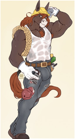 abs anatomically_correct anatomically_correct_genitalia anatomically_correct_penis animal_genitalia animal_penis anthro armor armpit_hair belt biceps big_penis biped bodily_fluids body_hair bottomwear bulge chest_hair clothing construction_worker denim denim_bottomwear denim_clothing equine_genitalia equine_penis genitals gloves handwear hard_hat headgear helmet jeans looking_at_viewer male male_anthro mottled mottled_genitalia mottled_penis muscular muscular_anthro muscular_male nipples pants pecs penis penis_poking_out penis_through_tear shirt simple_background solo sweat tank_top topwear torn_bottomwear torn_clothing torn_pants translucent translucent_clothing translucent_topwear urethra vein veiny_penis wet wet_clothing wet_topwear work_gloves midnight_blue equid equine horse mammal absurd_res hi_res