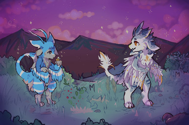 3_fingers 3_toes 4_ears ambiguous_gender anthro blue_body blue_fur chest_tuft detailed_background duo feet fingers fur grass grey_body grey_eyes grey_fur looking_at_another looking_back mountain multi_ear open_mouth paws plains plant shrub sky star starry_sky toes tuft white_body white_fur yellow_body yellow_eyes yellow_fur risacaramel arthropod avali bee bumble_bee_(species) hymenopteran insect 2025