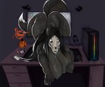 anthro bats_in_background big_breasts big_butt black_body black_fur bone breasts butt candy computer computer_mouse dark_room desk desktop dessert electronics female food fruit fur furniture glowing glowing_eyes headgear headphones headset holidays mousepad phone plant pumpkin skull skull_head solo table tail thick_tail thick_thighs giovannilol19 scp_foundation mal0 scp-1471-a