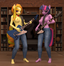 anthro bookshelf bottomwear brick brick_wall chord clothed clothing colored_nails denim denim_bottomwear denim_clothing duo entertainment_center feet female furniture guitar horn jeans musical_instrument nails pants plucked_string_instrument string_instrument topless wall_(structure) gilo_(artist) equestria_girls friendship_is_magic hasbro my_little_pony mythology adagio_dazzle_(eg) twilight_sparkle_(mlp) earth_pony equid equine horse mammal mythological_creature mythological_equine pony unicorn 3d_(artwork) absurd_res digital_media_(artwork) hi_res