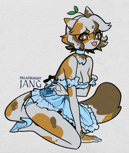 anthro bangs bent_legs black_nose blue_choker blue_clothing blue_dress blue_footwear blue_high_heels blue_jewelry blue_necklace breasts brown_eyes brown_hair brown_markings brown_tail_tip choker cleavage clothed clothed_anthro clothed_female clothing dipstick_tail dress eyelashes female footwear fur hair high_heels jewelry leaf leaning leaning_forward light long_tail markings medium_hair multicolored_body multicolored_fur multicolored_hair multicolored_tail necklace pink_tongue plant_on_head pupils shoes simple_background sitting small_nose smile smiling_at_viewer solo tail tail_markings text tongue tongue_out white_background white_body white_breasts white_fur white_hair white_pupils white_tail yellow_sclera dreamknightjang bean_(fele_bele) calico_cat domestic_cat felid feline felis mammal 2025 absurd_res artist_name colored digital_drawing_(artwork) digital_media_(artwork) english_description hi_res lighting shaded