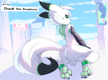 3_toes anthro anus armwear armwear_only balls black_claws black_nose black_sclera city claws clothing countershading dipstick_ears dipstick_tail ear_markings facial_markings feet femboy foot_wraps fur genitals green_anus green_body green_countershading green_eyes green_markings green_pawpads head_markings male markings mostly_nude multicolored_ears outside pawpads public public_nudity solo tail tail_markings toes white_balls white_body white_fur white_toes wraps zhao0_the_dreamhunter bandai_namco digimon syteline digimon_(species) renamon absurd_res hi_res