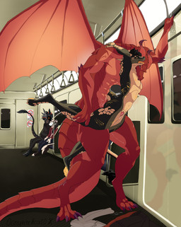 andromorph andromorph/male andromorph_penetrated animal_genitalia anthro anthro_on_anthro anthro_penetrated anthro_penetrating anthro_penetrating_anthro black_body bodily_fluids bulge claws clothing duo erection exhibitionism genital_fluids genitals group horn inside_train intersex intersex/male intersex_penetrated larger_male male male_penetrating male_penetrating_andromorph male_penetrating_intersex membrane_(anatomy) membranous_wings muscular muscular_anthro muscular_male nude penetration penile penile_penetration public public_exposure public_nudity public_sex public_transportation red_body red_scales scales sex size_difference standing tail tongue train vaginal vaginal_penetration vehicle vulva wings 0grapheneheart0 mythology dragon mythological_creature mythological_scalie reptile scalie absurd_res hi_res
