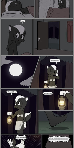 3_toes 4_fingers anthro barefoot bed black_body black_fur blockage_(layout) bra breasts clothed clothing cloud confusion dark dialogue eyes_closed falling feet female fingers fluffy fluffy_tail focus_lines forest fur furniture gloves hair handwear horizontal_staggering imminent_death implied_incest lamp lantern light loli long_hair moon moonlight navel night no_underwear nude on_bed open_mouth outside panel_skew peril pillow pit plant ponytail radial_speed_lines scared screaming simple_eyes skimpy small_breasts speed_lines staggering_(layout) surprised tail text toes tongue trapped tree underwear vertical_blockage waking_up white_body white_fur young young_anthro young_female e254e charlotte_(e254e) mammal mephitid skunk absurd_res comic digital_media_(artwork) hi_res