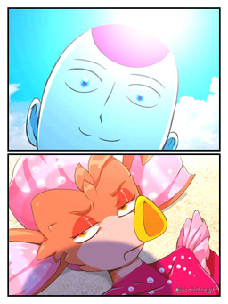 2_panel_comic anthro bald black_border blue_eyes blue_sky border close-up closed_frown closed_smile clothed clothed_anthro clothed_female clothing cloud day duo ear_fins eye_contact eyebrows eyelashes female female_anthro fin frown half-closed_eyes light looking_at_another looking_at_viewer lying lying_on_ground male male_humanoid mouth_closed multicolored_body multicolored_skin narrowed_eyes on_back on_ground orange_body orange_eyebrows orange_eyes orange_skin outside pink_body pink_clothing pink_fin pink_shirt pink_topwear sand shirt sky smile smiling_at_another suit tan_body tan_skin text thin_eyebrows topwear two_tone_body two_tone_skin white_body white_clothing white_skin white_suit white_topwear yellow_eyes yellow_nose jooniethenight masked_singer one-punch_man one_(manga) carp_(masked_singer) saitama_(one-punch_man) seahorse_(masked_singer) aquatic fish humanoid seahorse syngnathid syngnathiform 2025 3:4 artist_name colored comic digital_media_(artwork) english_description hi_res lighting meme shaded thai_description