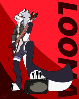 3_toes 4_fingers amplifier anthro black_body black_fur bottomwear claws clothing ear_piercing ear_tag electric_guitar feet female fingerless_gloves fingers fur gloves grey_body grey_fur grey_hair guitar hair handwear hoodie jewelry legwear musical_instrument necklace notched_ear piercing plucked_string_instrument red_background red_eyes red_sclera shirt shorts simple_background solo stockings string_instrument t-shirt tail teeth text toes topwear white_body white_fur artians hellaverse helluva_boss mythology loona_(helluva_boss) canid canid_demon canine demon hellhound mammal mythological_canine mythological_creature 4:5 absurd_res digital_media_(artwork) hi_res