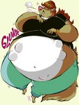 after_vore anthro belly big_belly big_breasts black_clothing black_shirt black_topwear breasts brown_body brown_fur clothing female female_pred fur huge_belly overweight shirt simple_background solo topwear vore white_background d._e._belton_(artist) monroe_(d.e.belton) 2017