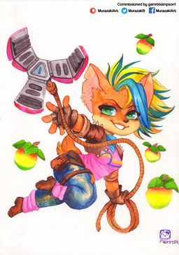 anthro biped boots bottomwear chibi clothing ear_piercing female fingerless_gloves food footwear fruit gloves handwear jacket kerchief looking_at_viewer open_mouth pants piercing plant shirt shoes simple_background smile solo topwear white_background murazaki activision crash_bandicoot_(series) pirate_tawna bandicoot mammal marsupial 2020 absurd_res hi_res painting_(artwork) traditional_media_(artwork) traditional_painting_(artwork) traditional_watercolor_(artwork) watercolor_(artwork)