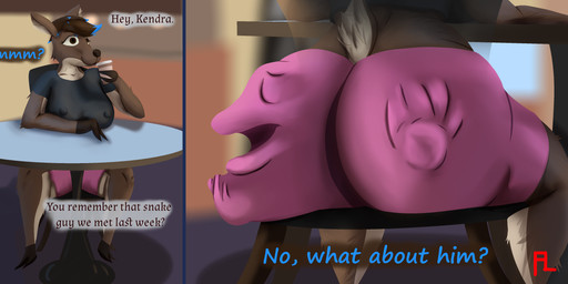 after_vore anthro beverage big_breasts big_butt breasts bulge_on_ass butt chair clothed clothing coffee color_coded_text face_imprint female furniture hand_imprint imprint natural_colors nipples_through_clothes no_bra on_chair sentient_fat sitting sitting_on_chair solo talking_to_another vore flightlesslizard kendra_(flightlesslizard) deer mammal absurd_res hi_res