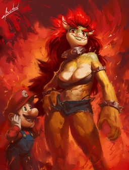 anthro armband bottomwear bracelet breasts clothed clothed_human clothed_male clothing crossgender denim denim_bottomwear denim_clothing denim_shorts duo facial_hair female fingers fully_clothed fully_clothed_human fully_clothed_male gloves green_body hair handwear hat headgear headwear horn jewelry light long_hair male mtf_crossgender mustache non-mammal_breasts open_mouth overalls queen red_hair royalty shorts spiked_armband spiked_bracelet spikes tan_body teeth thong_straps blulesnsfw bowser_showing_his_painting illumination_entertainment mario_bros nintendo the_super_mario_galaxy_movie bowser mario dragon_koopa human koopa mammal scalie absurd_res colored digital_media_(artwork) hi_res letterbox lighting signature