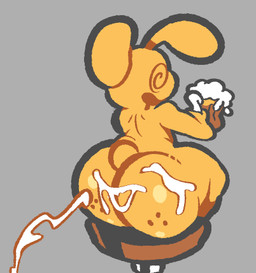 ambiguous_gender anthro bar_stool beer_foam beer_mug big_butt bodily_fluids butt container cum cum_from_offscreen cum_on_butt cumshot cup dizzy_eyes ejaculation freckled_butt freckles furniture genital_fluids grey_background holding_container holding_cup holding_mug holding_object huge_butt mug offscreen_character open_mouth open_smile simple_background sitting_on_stool smile solo stool tail thick_outline berryofmalice undertale undertale_(series) drunk_bun_(undertale) lagomorph leporid mammal rabbit low_res