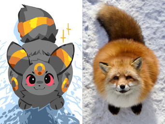 ambiguous_gender biped bipedal_feral black_body black_fur bottom_heavy dipstick_ears dipstick_limbs ear_markings feral fluffy fur looking_at_viewer looking_up markings multicolored_body multicolored_ears multicolored_fur on_snow paws photo photo_background red_eyes red_sclera shadow smile snow solo sparkles tail tail_tuft tuft tufted_fur yellow_body yellow_fur sutihukka nintendo pokemon canid canine eeveelution fox generation_2_pokemon mammal pokemon_(species) red_fox true_fox umbreon 2026 mixed_media photography_(artwork) reference_image