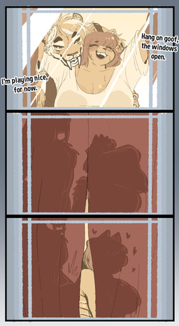 against_surface anthro belly big_breasts breasts breasts_on_glass clothing curtains dialogue duo female genitals male male/female markings muscular muscular_male on_glass penile_spines penis sex silhouette slightly_chubby slightly_chubby_female standing standing_sex striped_markings stripes text undressing window susieruu gunnar_novak_(kyoriichi) miho_ueda_(susieruu) canid canine felid mammal prehistoric_species raccoon_dog saber-toothed_tiger tanuki absurd_res comic english_text hi_res