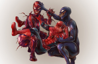 blush clothing grey_background group male male/male mask not_furry pushing sharp_teeth simple_background skinsuit teeth tight_clothing jasonvoorhees marvel spider-man_(series) carnage_(marvel) spider-man_(character) venom_(marvel) symbiote