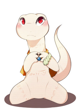 ambiguous_gender anthro blush chibi eyelashes featureless_chest featureless_crotch front_view iris kneeling looking_at_viewer markings mostly_nude pupils red_eyes simple_background small_pupils solo tail white_background white_body eisuke_art overlord_(series) crusch_lulu lizard lizardman lizardman_(overlord) reptile scalie 2018 full-length_portrait hi_res portrait female_(lore)