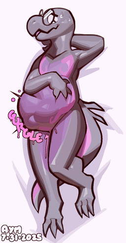 3_toes 4_fingers anthro anthro_pred arms_bent bed bed_sheet bedding belly belly_squish big_belly black_body bloated bodily_fluids bodily_noises countershade_tail countershading curved_text digestion digestion_noises dripping_text eyewear eyewear_only featureless_crotch feet fingers front_view fully_inside furniture glasses glasses_only glistening glistening_bodily_fluids glistening_sweat gurgle_(sound_effect) hand_behind_head hand_on_belly hand_on_own_belly larger_anthro larger_male larger_pred light looking_down looking_down_at_self lying lying_on_bed lying_on_hand male male_anthro male_pred markings motion_lines nervous nervous_sweat nude nude_anthro nude_male on_back on_bed onomatopoeia pink_body pink_markings pink_text pose purple_body purple_countershading rumbling_stomach simple_background size_difference soft_vore solo sound_effects squish sweat sweatdrop tail tapering_tail text toes unseen_prey vore wearing_glasses white_background aymbord nintendo pokemon kit_(raptorsoup) generation_7_pokemon lizard pokemon_(species) reptile salazzle scalie 2025 aliasing artist_name cel_shading dated digital_drawing_(artwork) digital_media_(artwork) english_description full-length_portrait hi_res lighting pinup portrait shaded