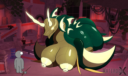 anthro big_breasts big_butt breasts butt female fin fishing_rod gasp glowing glowing_eyes glowing_horn green_body horn lying nipples partially_submerged shocked size_difference solo spikes tail tan_body wings arkhalide jewish_mythology mythology roblox aquatic aquatic_dragon dragon fish leviathan mythological_creature mythological_marine mythological_scalie robloxian scalie hi_res