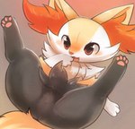 black_body black_fur blush fangs featureless_crotch female fur happy looking_at_viewer lying on_back open_mouth pawpads paws presenting red_eyes simple_background smile solo spread_legs spreading teeth white_body white_fur yellow_body yellow_fur rag._(artist) nintendo pokemon braixen generation_6_pokemon pokemon_(species) full-length_portrait hi_res portrait