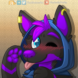 anthro black_body black_fur blep blush cheek_tuft closed_smile ear_piercing ear_ring facial_tuft fur glistening glistening_eyes hair hood looking_at_viewer male mouth_closed neck_tuft one_eye_closed pawpads piercing pink_tongue purple_body purple_fur purple_hair purple_nose purple_pawpads ring_piercing short_hair smile solo tongue tongue_out tuft thecluelessfox verne_nicolaio canid canine canis mammal wolf 1:1 absurd_res bust_portrait hi_res portrait