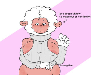 anthro areola big_breasts blush bodily_fluids breasts clothing female freckles fur hair navel nipple_outline pink_areola side_boob sweat sweater text topwear white_hair wide_hips wool_(fur) wool_hair bawnzybun chelsea(bawnzybun) bovid caprine mammal sheep english_text hi_res