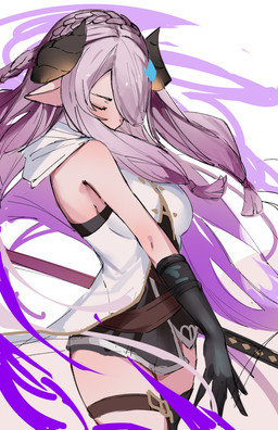 2_horns abstract_background bare_shoulders big_breasts big_horn black_clothing black_gloves black_handwear braided_hair breasts clothing eyes_closed female gloves hair hair_over_eye handwear holding_katana holding_melee_weapon holding_object holding_sword holding_weapon horn humanoid_pointy_ears katana long_hair melee_weapon not_furry pointy_ears purple_hair scabbard shirt sleeveless_shirt solo sword thigh_strap topwear weapon white_clothing white_shirt white_topwear shengtaki cygames granblue_fantasy narmaya draph horned_humanoid humanoid digital_drawing_(artwork) digital_media_(artwork) hi_res