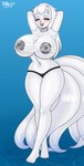 anthro areola big_breasts blush breasts clothing dark_nipples female fur grey_areola grey_nipples huge_breasts nipples smile solo tail wet wet_clothing white_body white_fur razplus nintendo pokemon generation_1_pokemon ninetales pokemon_(species) shiny_pokemon full-length_portrait hi_res portrait