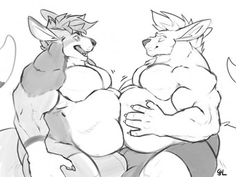anthro balls_outline belly belly_to_belly big_bulge biped bulge detailed_bulge duo genital_outline male male_anthro overweight overweight_anthro overweight_male solaxe_(artist) kooper_(koopershiba) solaxe kangaroo macropod mammal marsupial 2024 digital_media_(artwork) hi_res monochrome sketch