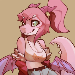 anthro belt belt_buckle bottomwear breasts buckle cleavage clothed clothing denim denim_bottomwear denim_clothing female green_eyes hair horn jacket jeans looking_at_viewer non-mammal_breasts pants pink_body pink_hair pink_skin ponytail pupils shirt slit_pupils smile smiling_at_viewer solo spiked_tail spikes spikes_(anatomy) tail tank_top topwear wings capt_spacecat mythology lilipa dragon mythological_creature mythological_scalie scalie 1:1 hi_res