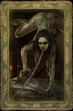 angry bed black_hair chain claws dark female furniture hair long_hair not_furry nude solo upside_down the_witcher queen_of_the_night bruxa demon humanoid monster monstrous_humanoid vampire official_art