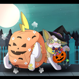 ambiguous_gender big_diaper blush blush_lines bow_ribbon brown_body brown_fur candy candy_corn clean_diaper clothed clothing cloud_emanata dessert diaper diaper_puff emanata eyewear fence feral food fur glasses glistening glistening_eyes hat headgear headwear holidays jack-o'-lantern_print lollipop looking_at_viewer moon multicolored_body multicolored_fur object_in_mouth pawpads plant pumpkin_basket sky solo star starry_sky tail tinted_glasses tree trick-or-treating walking wearing_diaper wearing_glasses white_body white_fur witch_hat yellow_body yellow_fur yellow_inner_ear yellow_nose yellow_pawpads yellow_tail jupiters halloween nintendo pokemon yam_(ryanator) generation_8_pokemon pokemon_(species) yamper 1:1 hi_res letterbox