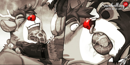 anthro anthro_on_anthro antlers bell bodily_fluids cum duo french_kissing genital_fluids horn kissing male male/male muscular muscular_anthro muscular_male pecs red_nose snowballing tongue tongue_out desfrog rudolph_the_red-nosed_reindeer deer mammal new_world_deer reindeer comic hi_res