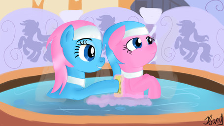 accessory bath bathing bathtub blue_eyes blue_hair collar door duo eyelashes eyeshadow female feral hair happy headband makeup massage pink_hair smile soap sponge suds water jbond friendship_is_magic hasbro my_little_pony aloe_(mlp) lotus_(mlp) earth_pony equid equine horse mammal pony 16:9 widescreen sibling_(lore) sister_(lore) sisters_(lore) twins_(lore)