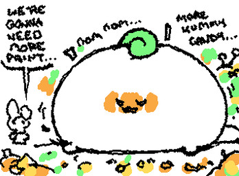 ambiguous_anthro ambiguous_form ambiguous_gender anthro big_butt black_text bodypaint butt butt_expansion butt_focus candy dessert dialogue duo eating ellipsis expansion featureless_butt featureless_feet feet food holidays huge_butt hyper hyper_butt larger_ambiguous lying monobutt on_front painted_butt partial_speech_bubble pumpkin_butt size_difference smaller_ambiguous smaller_anthro squigglevision tail text ligma_(artist) cinnamoroll halloween sanrio cinnamon_(cinnamoroll) ambiguous_species lagomorph leporid mammal rabbit 2025 animated digital_media_(artwork) english_text flat_colors low_res wigglypaint_(artwork) male_(lore)