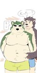 anthro belly belly_pinch blush brown_body brown_fur bulge clothing duo eyebrows fur green_body green_fur male male/male overweight overweight_male pinching_belly thick_eyebrows underwear raio_owo lifewonders live_a_hero dog_operator mokdai protagonist_(live_a_hero) canid canine canis domestic_dog mammal hi_res