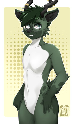 anthro camo dotted_background eyewear fur glasses green_body green_eyes green_fur green_hair hair male pattern_background simple_background solo moonfluffmf deer mammal hi_res