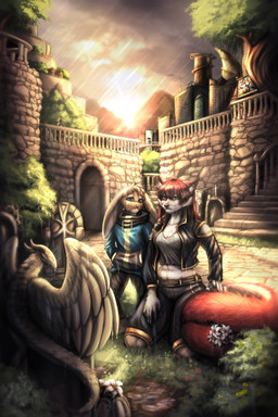 anthro billboard building cemetery city city_background cityscape clothing cobblestone duo female flower flower_in_mouth jacket kneeling kneeling_on_ground male married_couple midriff midriff_jacket plant railing raining romantic romantic_couple shrub size_difference stairs sunrise tail tail_mouth tombstone topwear tree unusual_anatomy unusual_tail wall_(structure) wet wet_clothing ruolina legend_of_ahya ahya_(legend_of_ahya) jake_thumpings taylor_renee_wolford_(darkflamewolf) canid canine canis lagomorph leporid mammal rabbit wolf hi_res